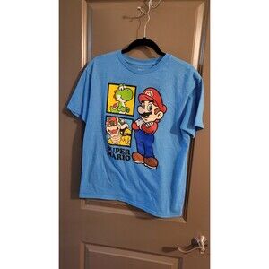Super Mario Bowser Yoshi Mario Blue Graphic T Shirt Youth Kids Boys Size XL